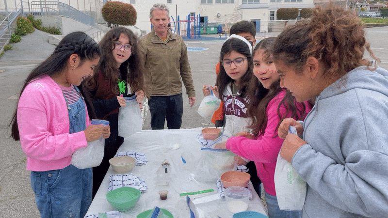 Spruce Elementary fourth and fifth grade students were learning how to make ice cream by combining milk, cream, salt, ice cubes, vanilla, and sugar in a plastic bag during the school's science festival on May 12, 2023. 
